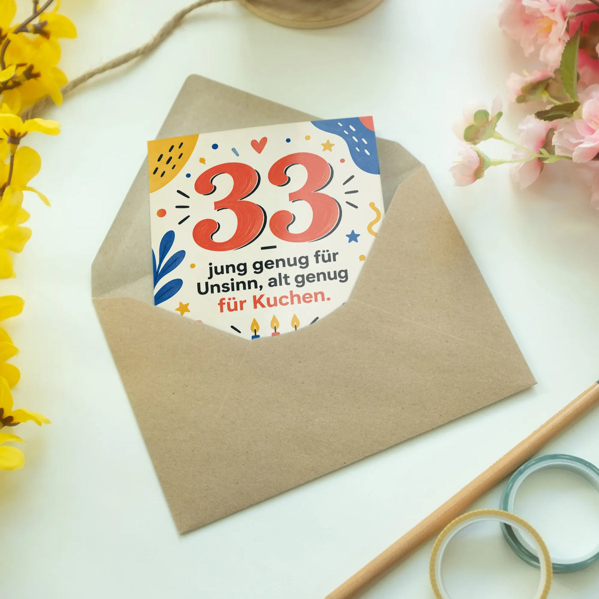 Lustige Geburtstagskarte zum 33. Geburtstag mit Konfetti