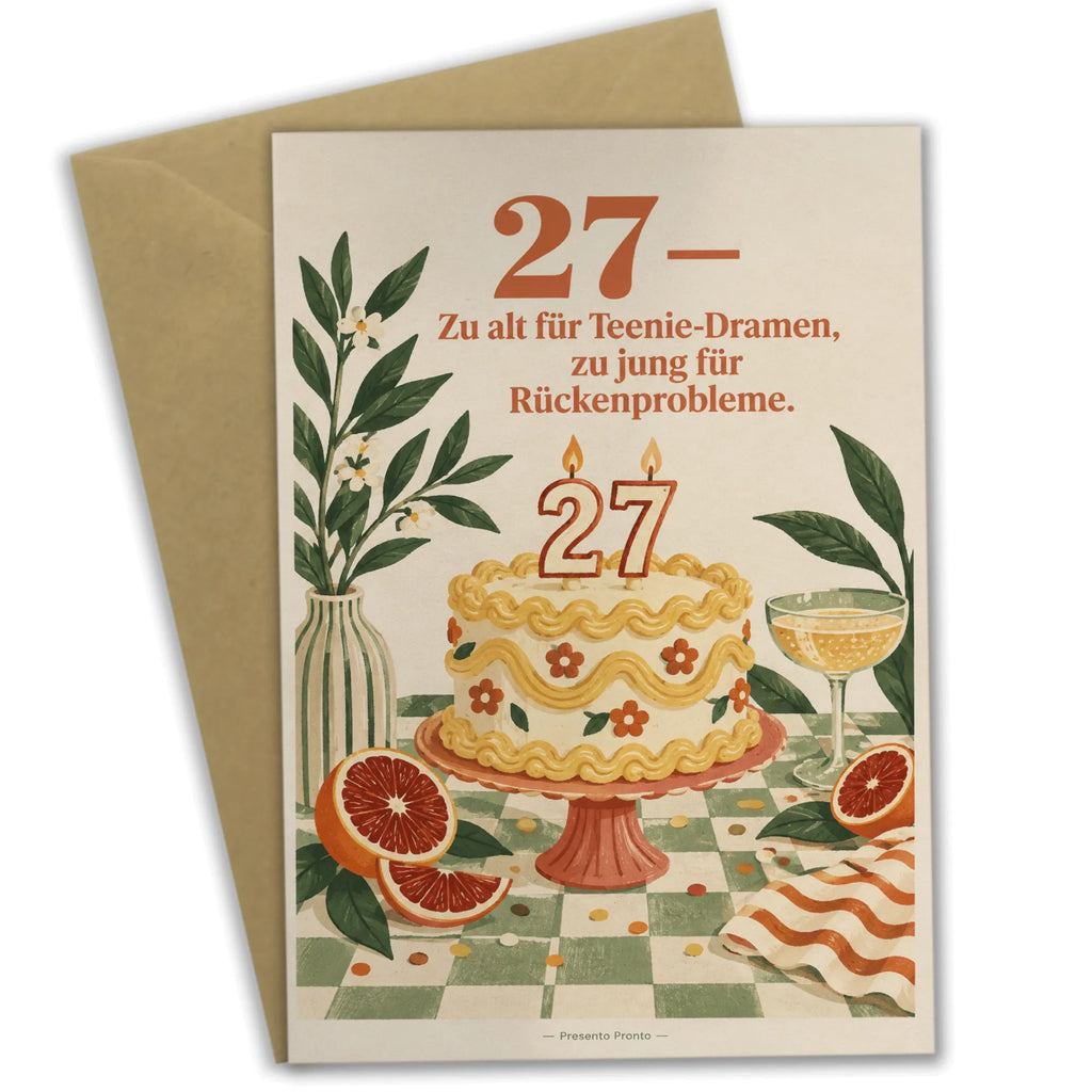 Lustige Karte zum 27. Geburtstag mit Torte und Sektglas|p:2021164|h:7c4711794382f9255bfb128491376e42
