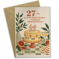 Lustige Karte zum 27. Geburtstag mit Torte und Sektglas