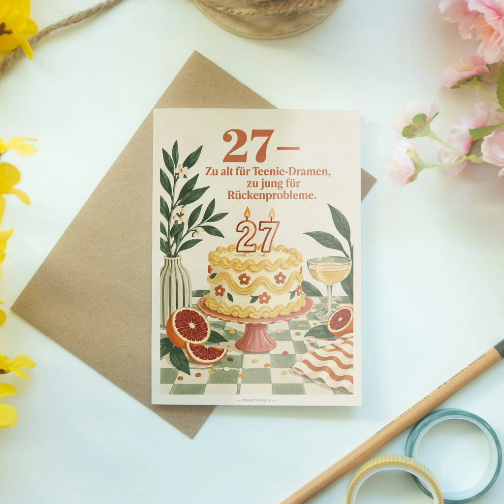 Lustige Karte zum 27. Geburtstag mit Torte und Sektglas|p:2021164|h:ed3271dd8d3a59c97452fb86c0a2b1d2