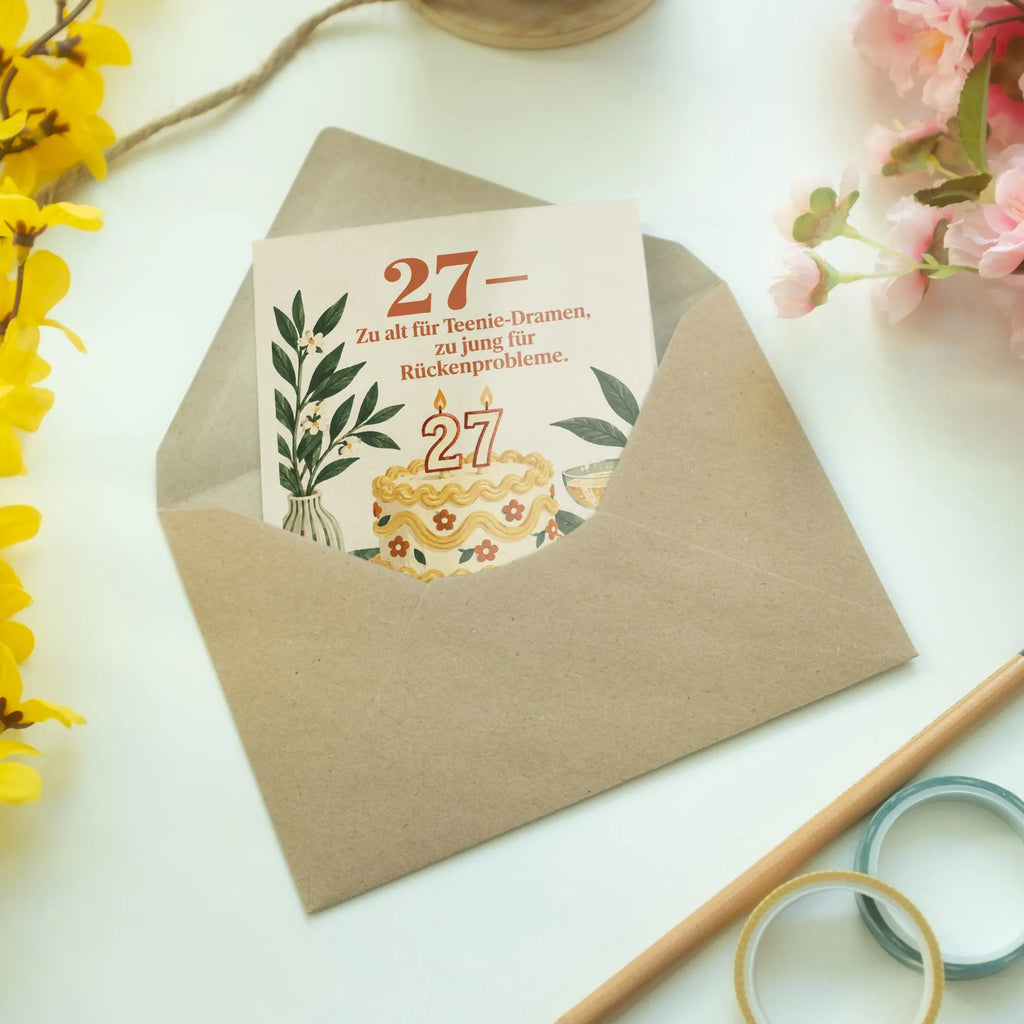 Lustige Karte zum 27. Geburtstag mit Torte und Sektglas|p:2021164|h:9a19e780b0f328977d567a8f14823a63