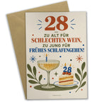 Lustige Geburtstagskarte zum 28. Geburtstag mit Champagnerglas|p:2021165|h:ca80af14fefb70303c8897d641dd7490
