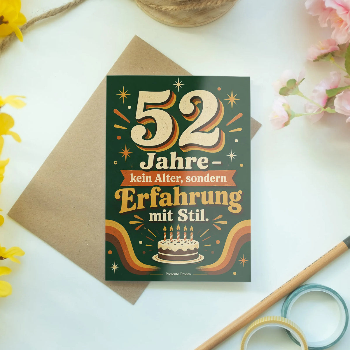 Nostalgische Geburtstagskarte zum 52. Geburtstag mit Geburtstagskuchen