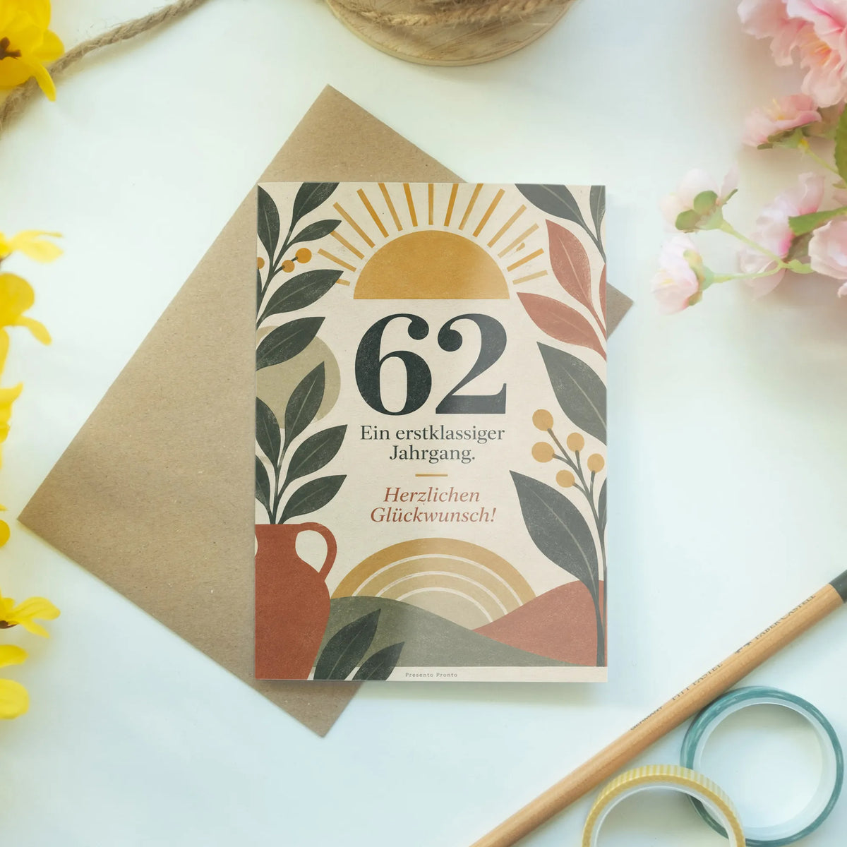 Elegante Geburtstagskarte zum 62. Geburtstag Blätter Salbeigrün