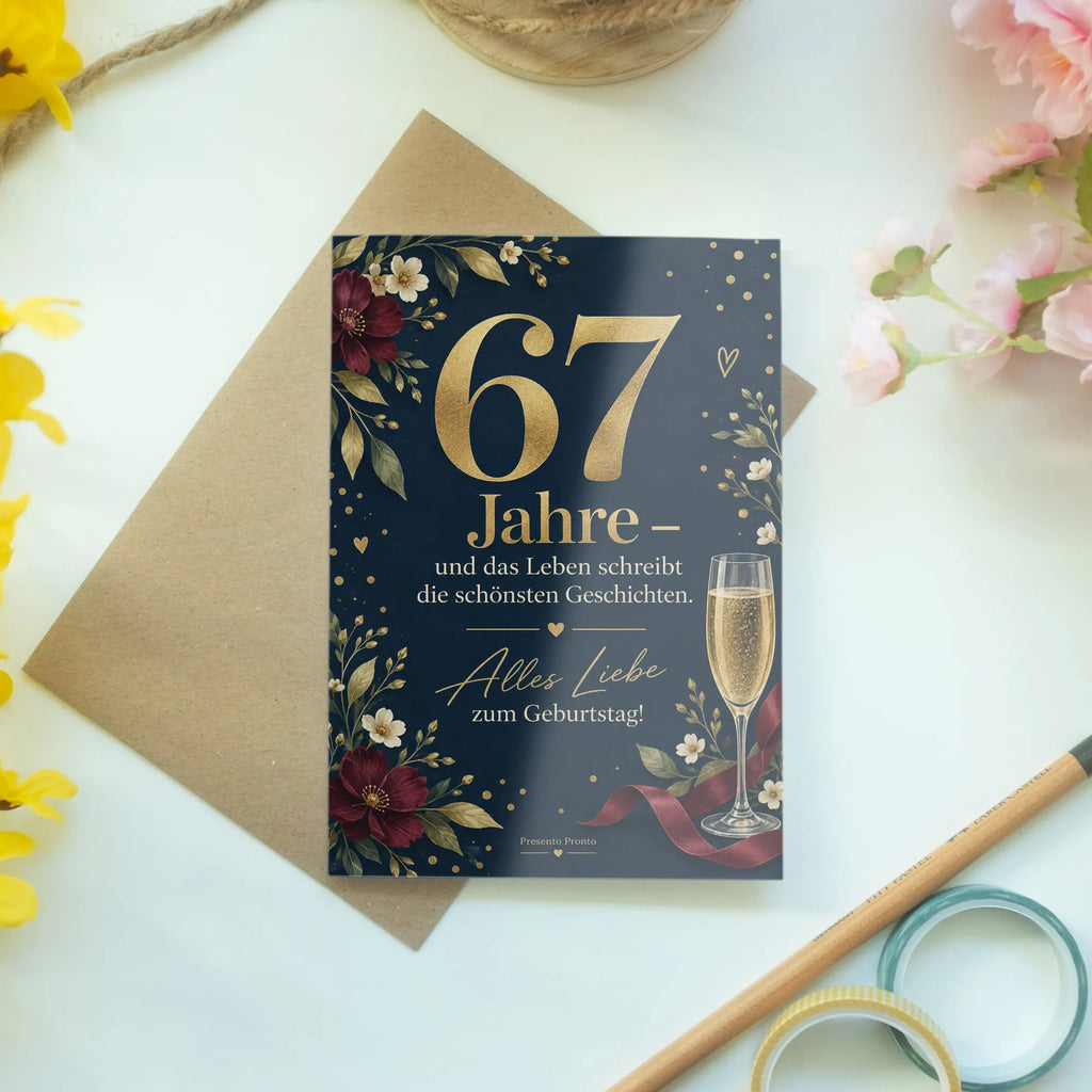 Elegante Geburtstagskarte zum 67. Geburtstag mit großer Zahl 67|p:2021191|h:64e32e2522b5a57aca9a578a79c992a5