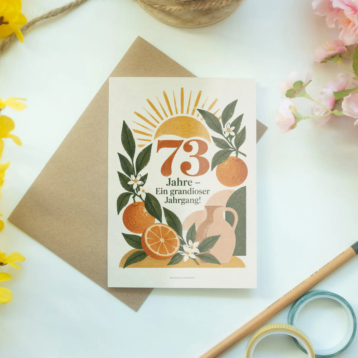 Fröhliche Geburtstagskarte zum 73. Geburtstag mit Blumen