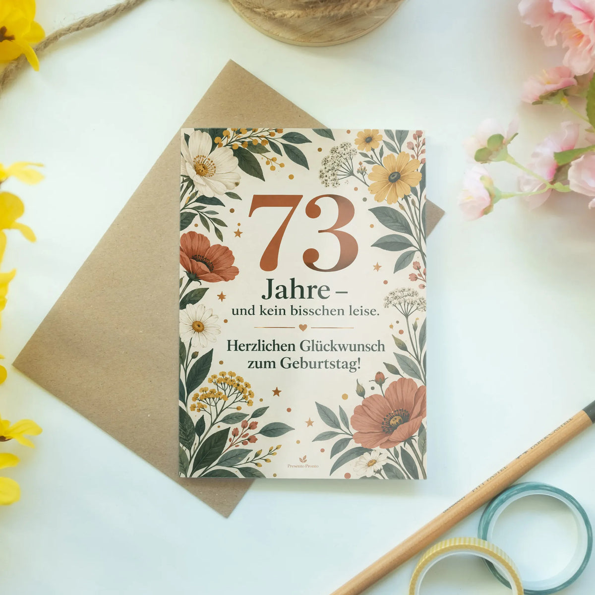 Lustige Geburtstagskarte zum 73. Geburtstag mit Wildblumen