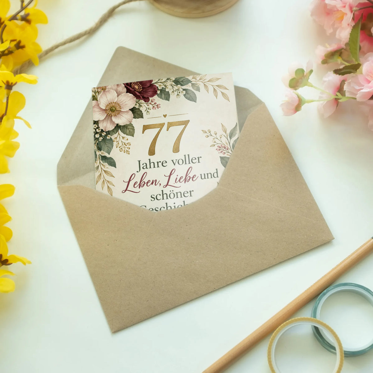 Elegante Geburtstagskarte zum 77. Geburtstag mit Blumen