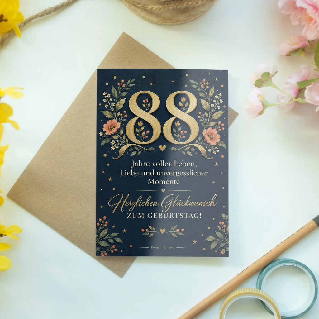 Elegante Geburtstagskarte zum 88. Geburtstag mit goldener 88|p:2021205|h:997bd771d04a4e033e42e295e859be2b