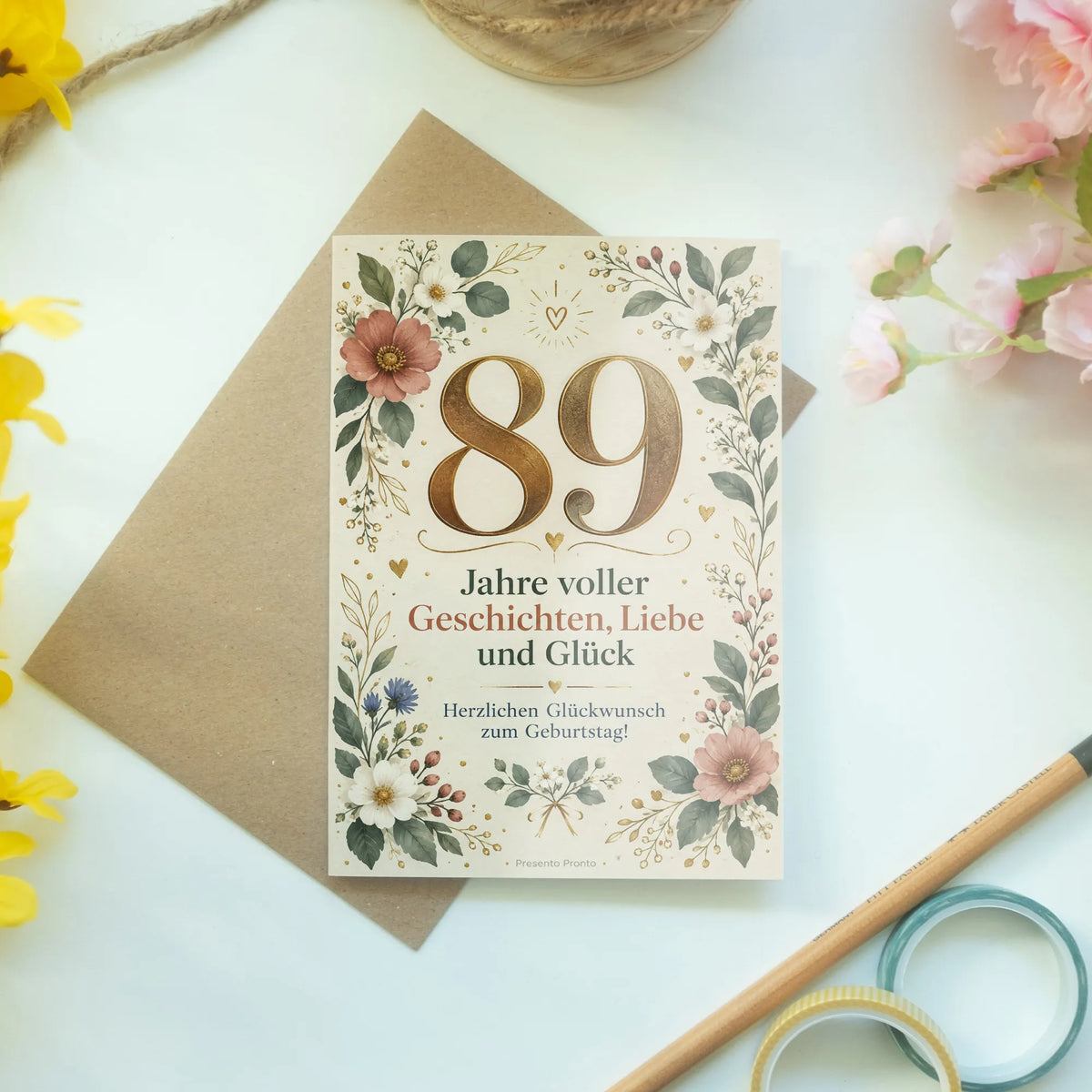 Elegante Geburtstagskarte zum 89. Geburtstag mit Zahl 89 und Blumen