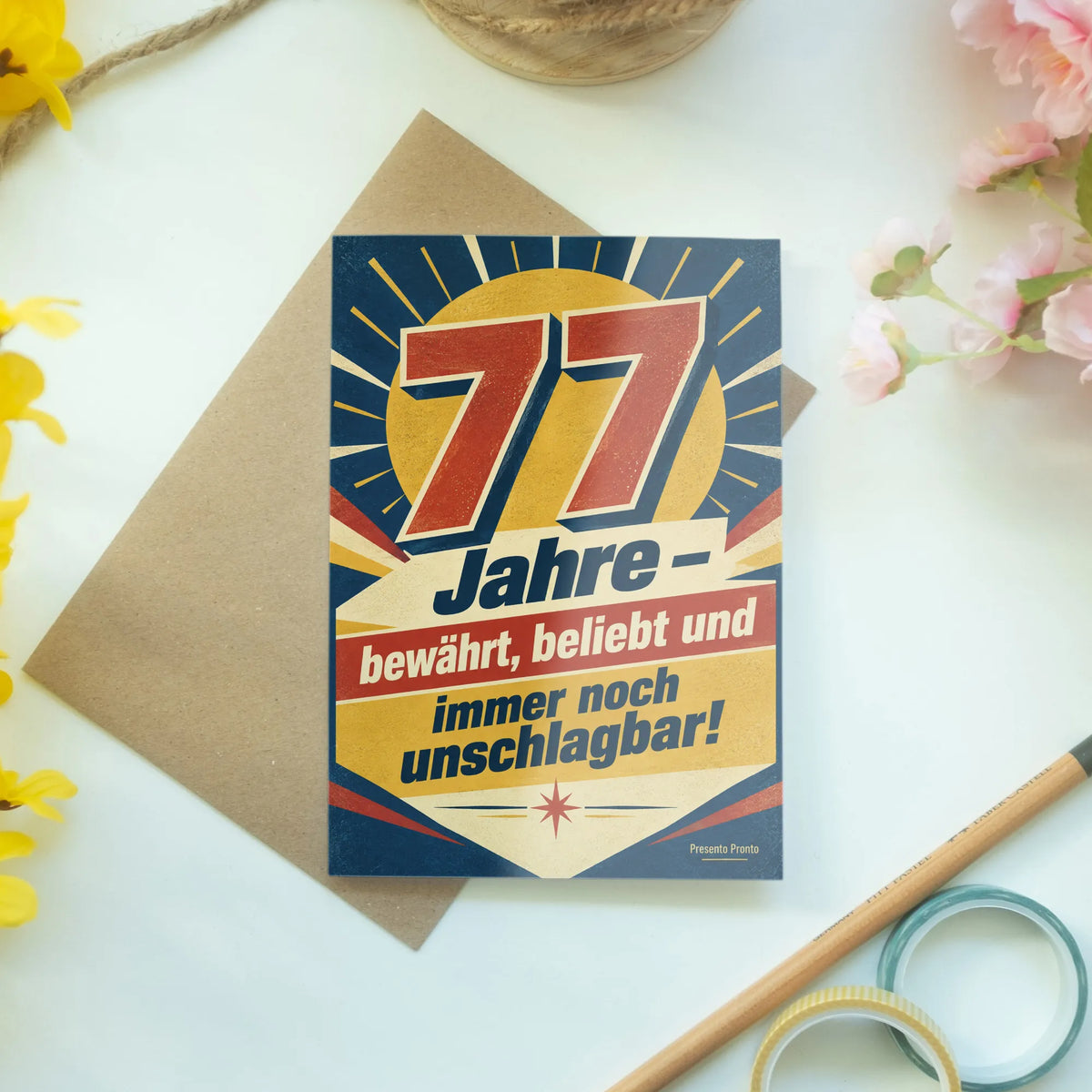 Lustige Karte zum 77. Geburtstag mit großer Zahl 77