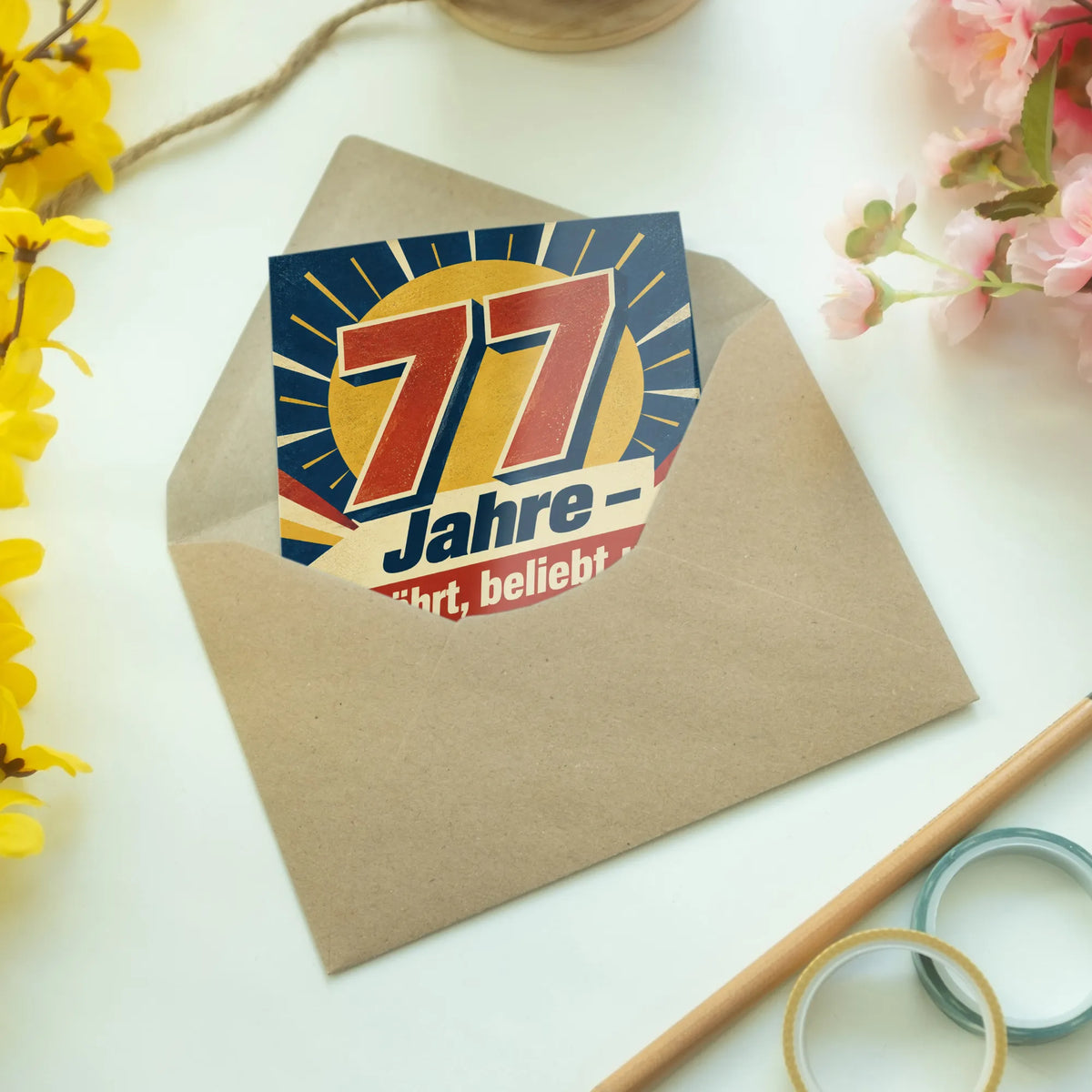 Lustige Karte zum 77. Geburtstag mit großer Zahl 77