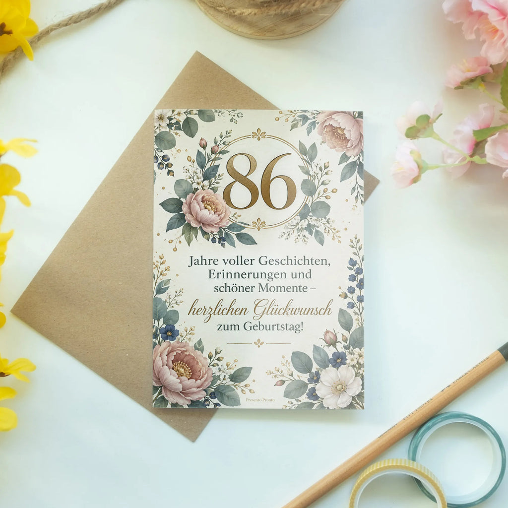 Elegante Geburtstagskarte zum 86. Geburtstag mit Pfingstrosen|p:2021212|h:945827964e5f8cb15b0892580878e5bb