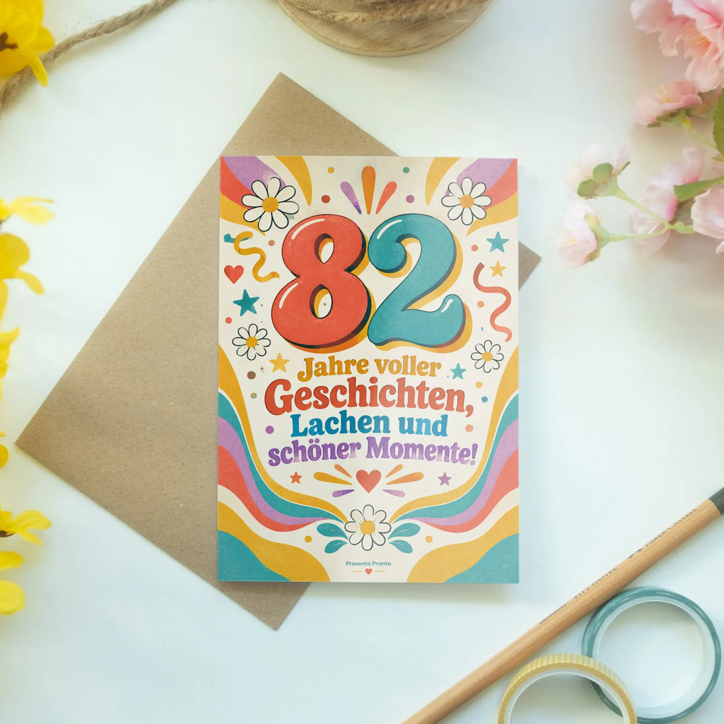 Fröhliche Geburtstagskarte zum 82. Geburtstag mit Gänseblümchen|p:2021214|h:97b315814eaf0de31a328c48c75d4d67