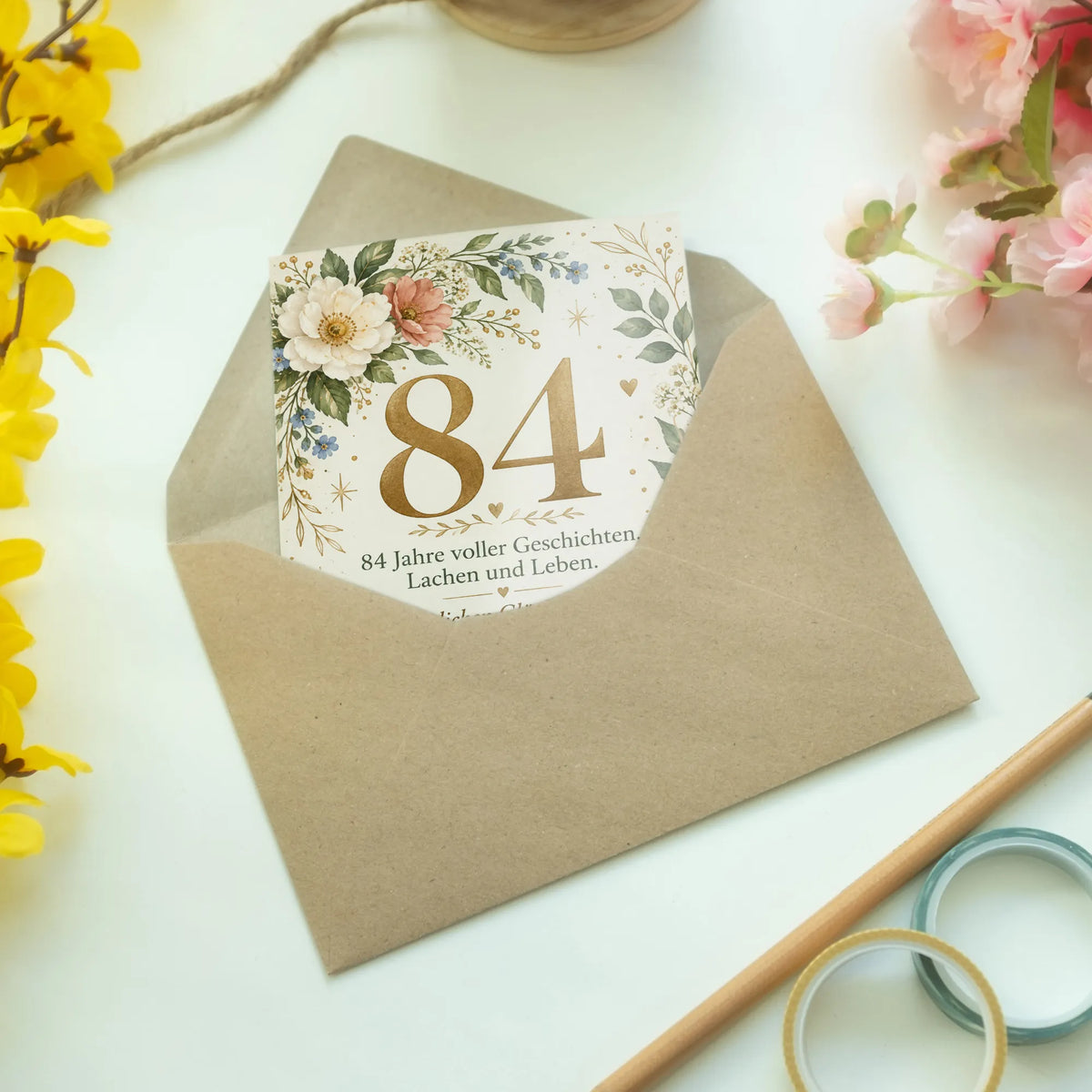 Elegante Geburtstagskarte zum 84. Geburtstag mit Wildblumen