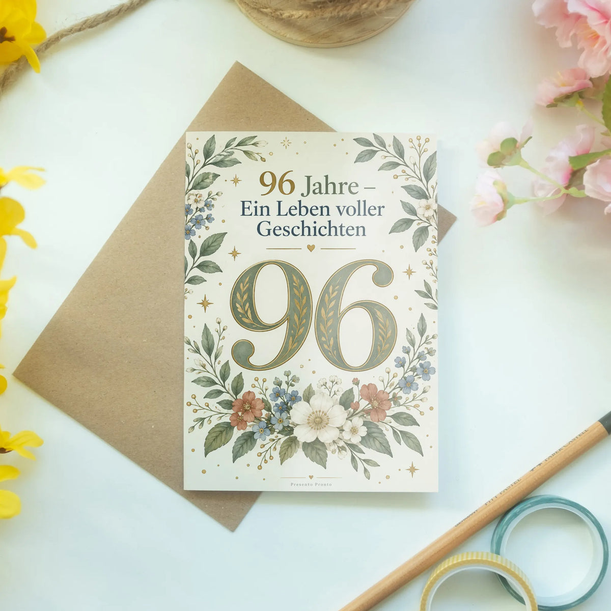 Würdevolle Geburtstagskarte zum 96. Geburtstag mit Blumen