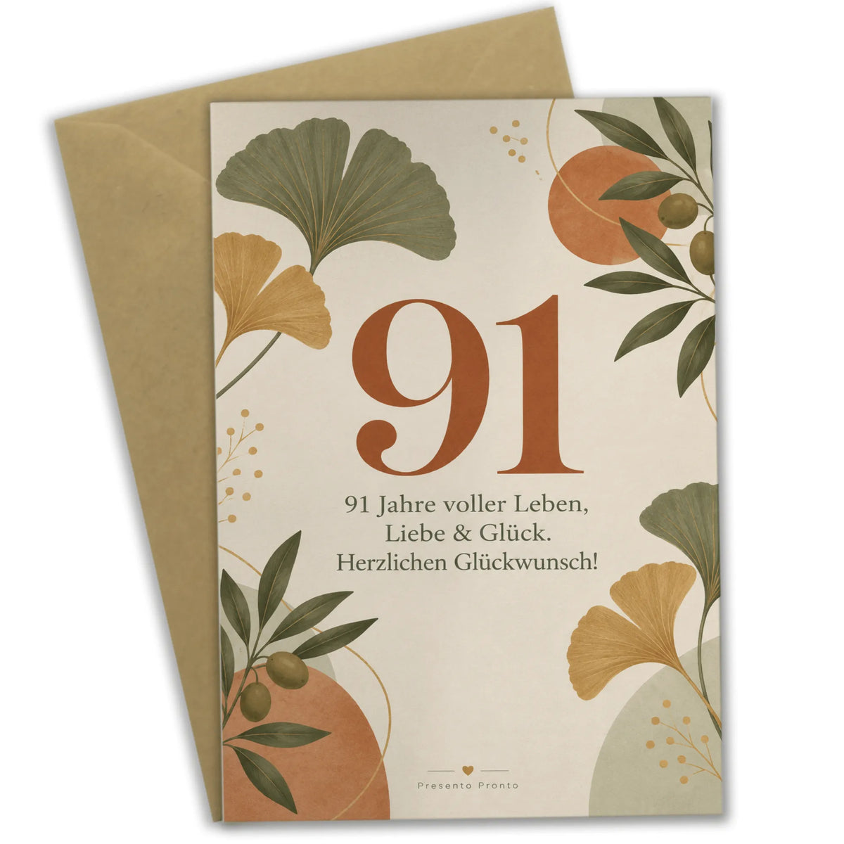 Elegante Geburtstagskarte zum 91. Geburtstag mit Ginkgoblättern