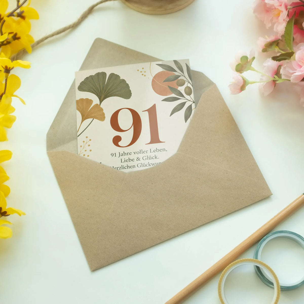 Elegante Geburtstagskarte zum 91. Geburtstag mit Ginkgoblättern