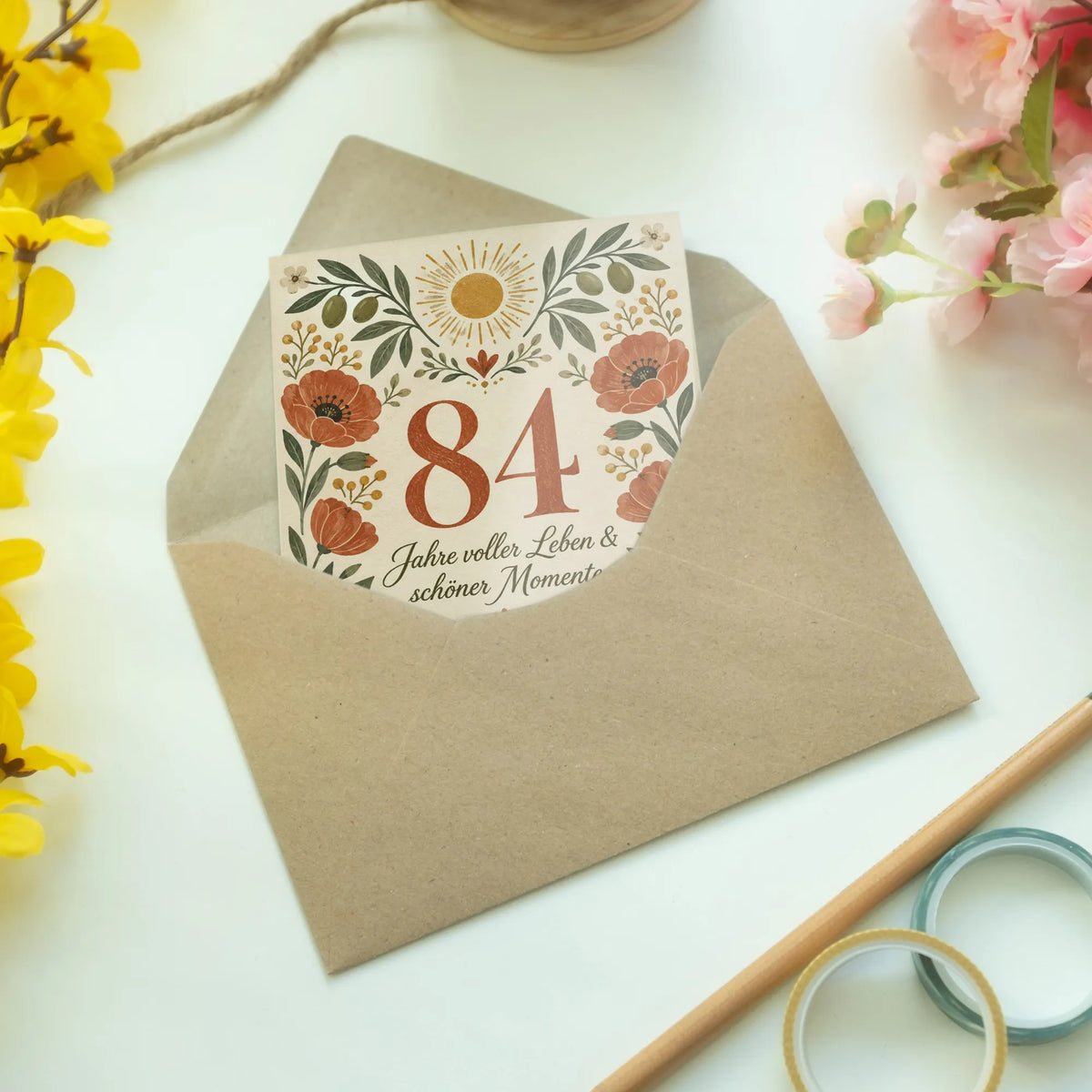 Elegante Geburtstagskarte zum 84. Geburtstag mit Blumen