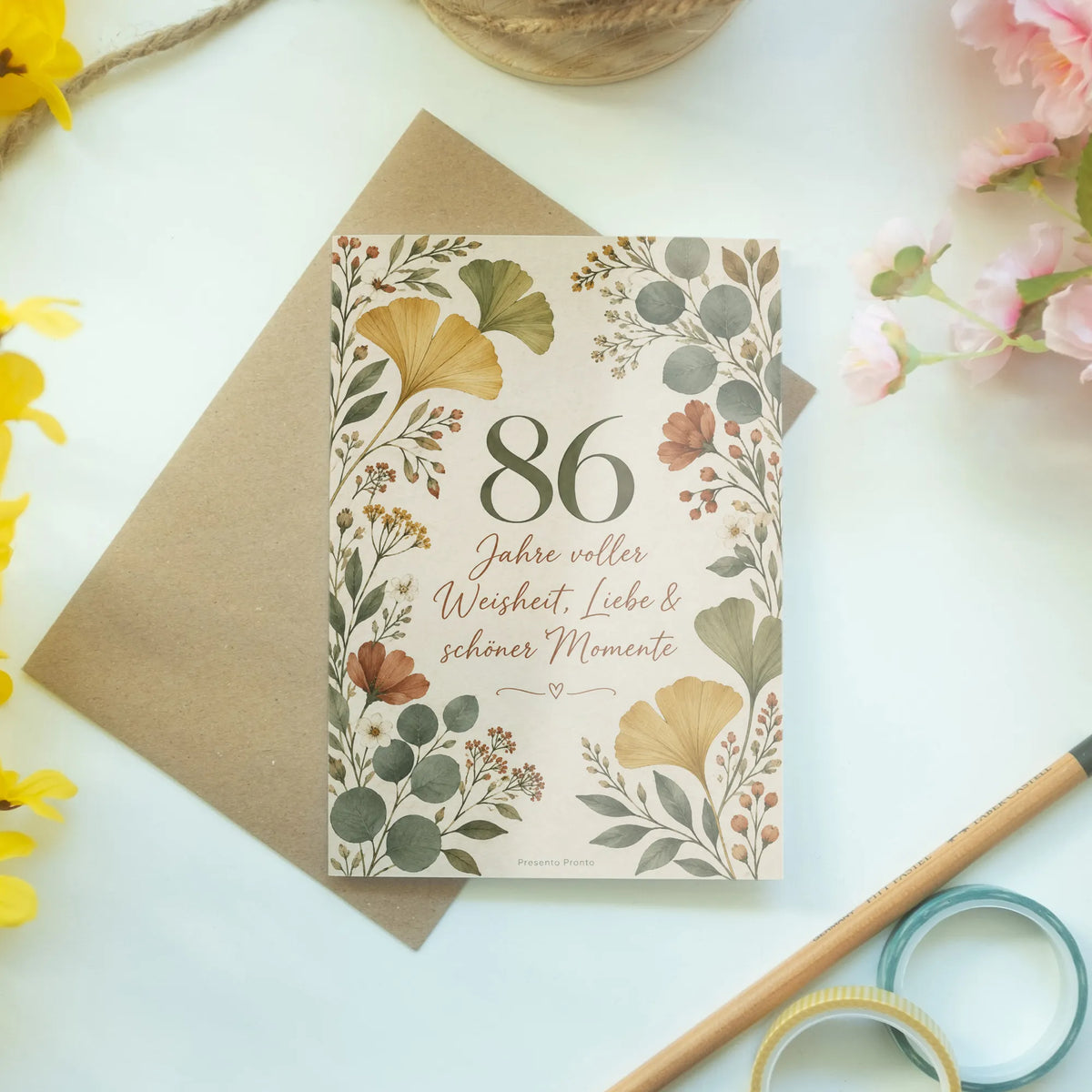 Elegante Geburtstagskarte zum 86. Geburtstag mit Ginkgoblättern