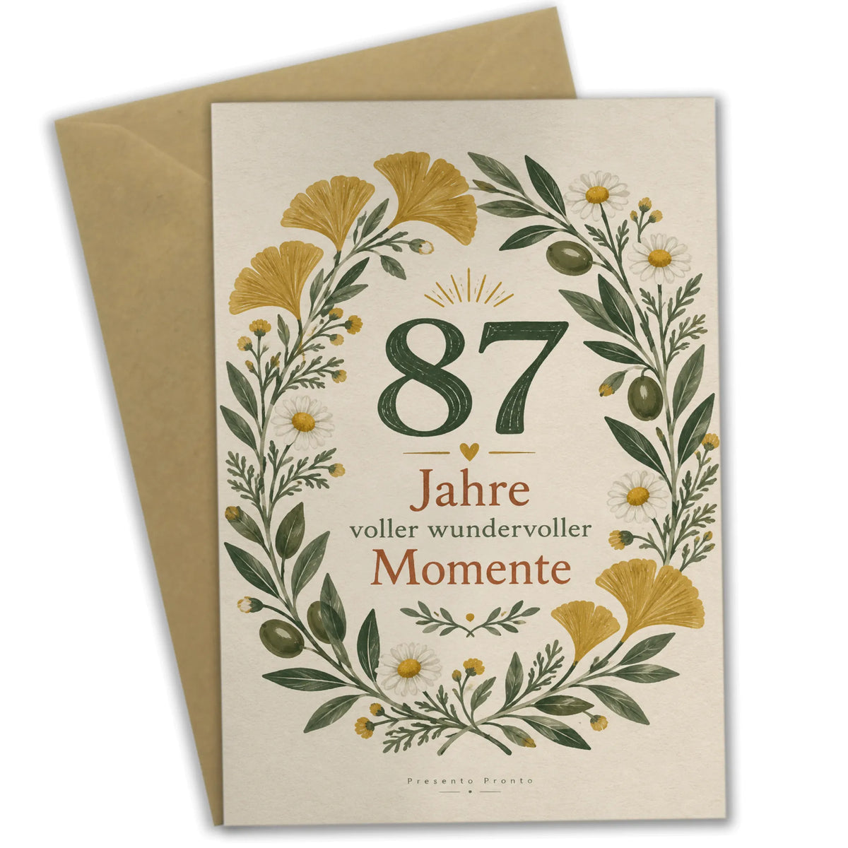 Elegante Geburtstagskarte zum 87. Geburtstag mit Ginkgokranz