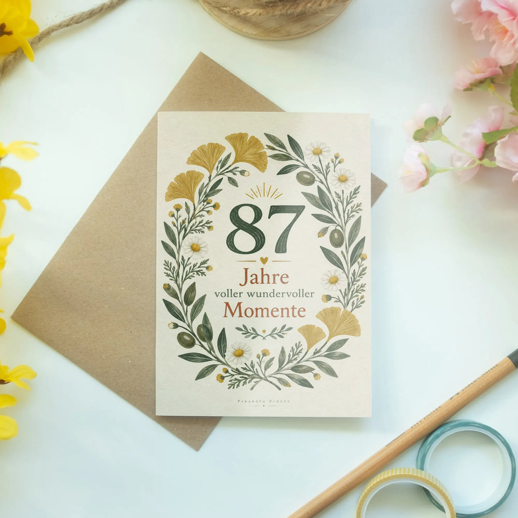 Elegante Geburtstagskarte zum 87. Geburtstag mit Ginkgokranz|p:2021225|h:354ffbb0dae74e64f9b87f3273716869