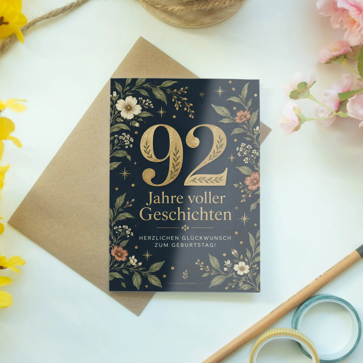 Elegante Geburtstagskarte zum 92. Geburtstag mit goldener Zahl 92