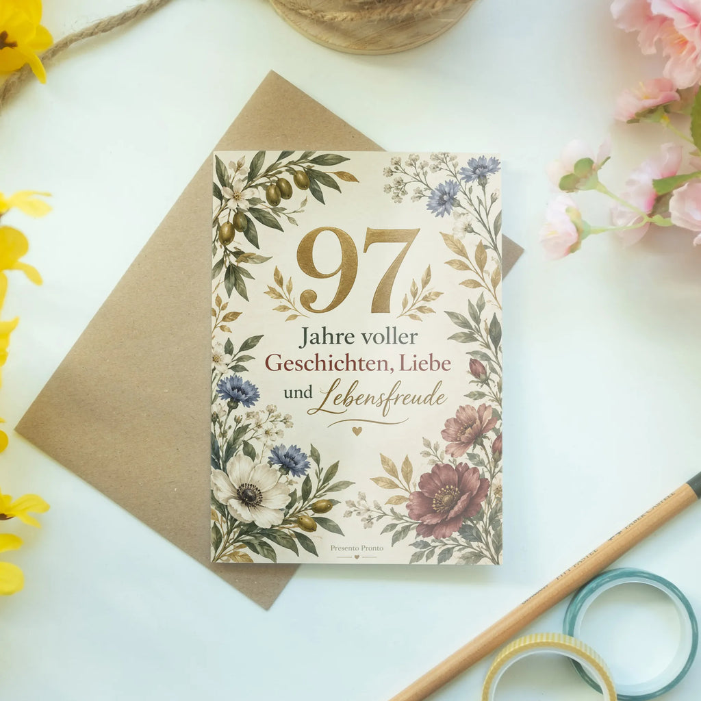 Elegante Geburtstagskarte zum 97. Geburtstag mit goldener Zahl|p:2021230|h:7c6b91ff9ed103b488dfd8edc09a0d48
