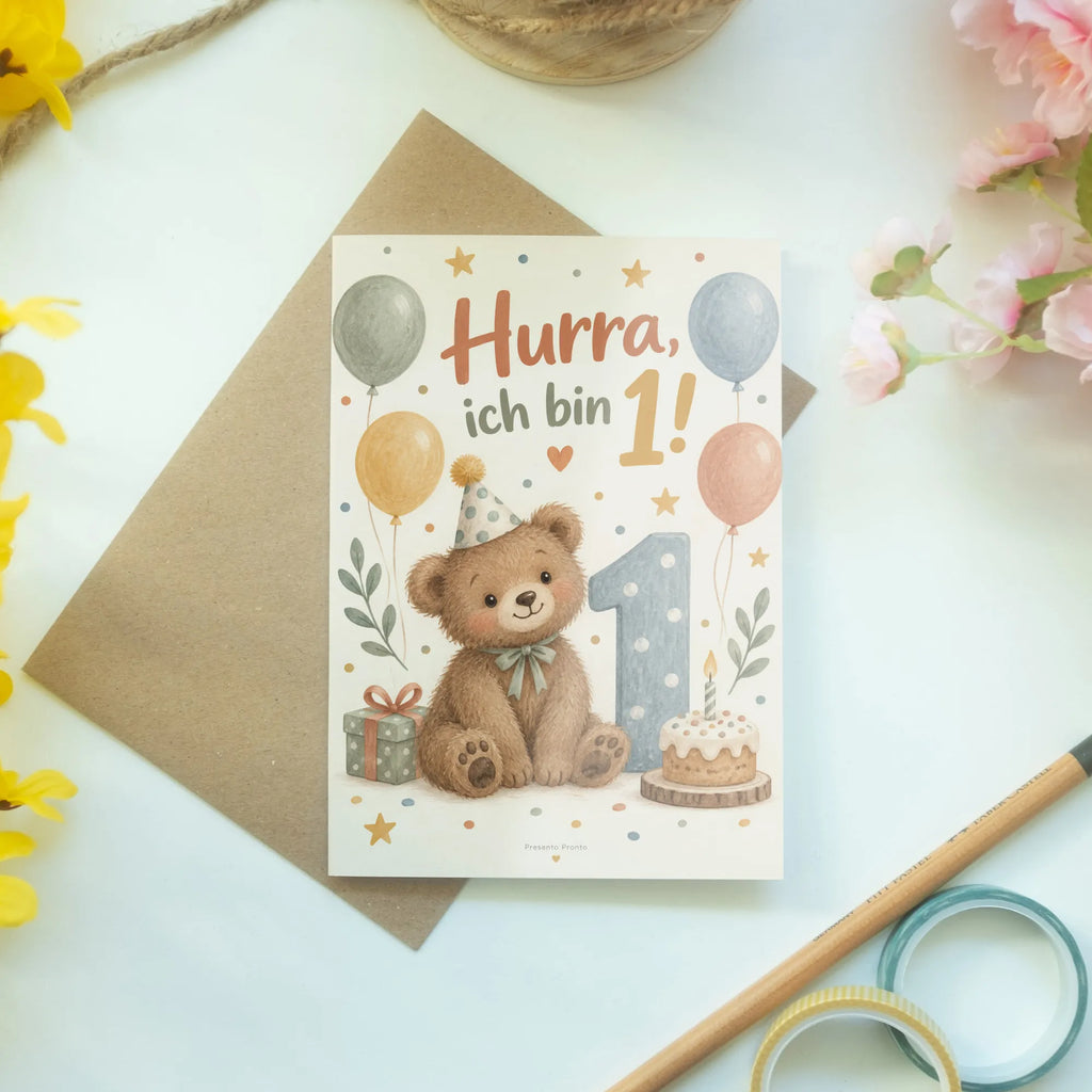 Süße Geburtstagskarte zum 1. Geburtstag mit Bär|p:2021233|h:4efff1bf5b8d921a24364e8aa8fc9492