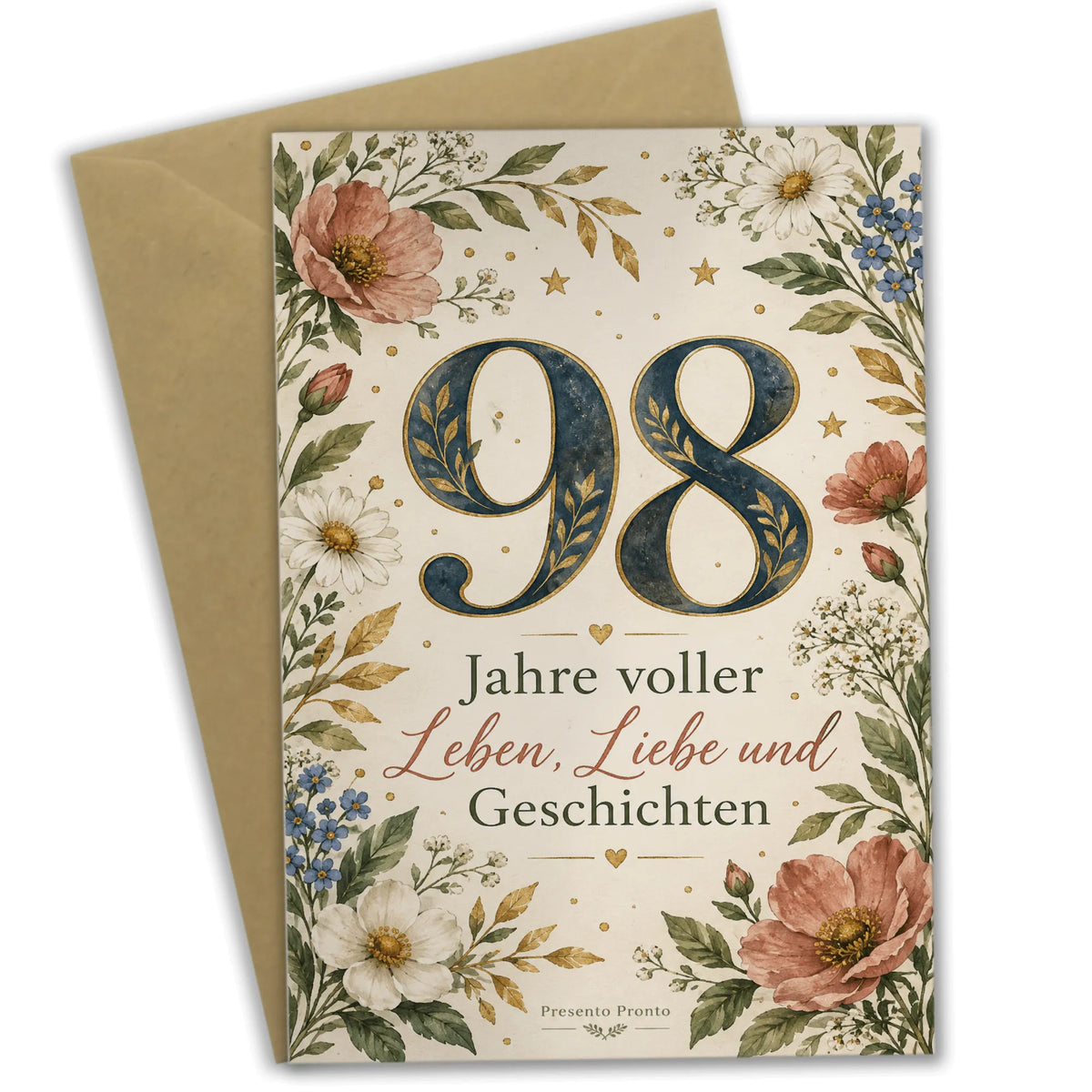 Elegante Karte zum 98. Geburtstag mit Wiesenblumen