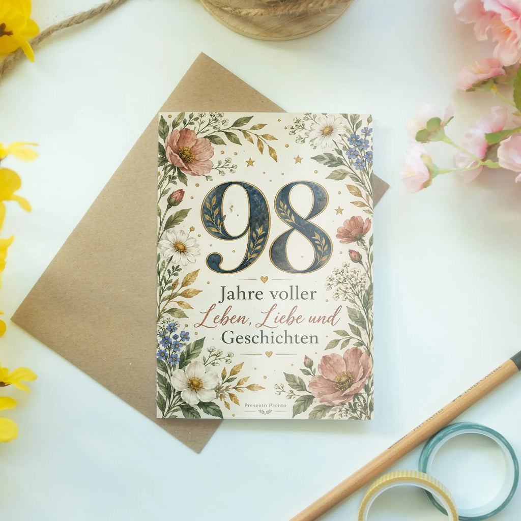 Elegante Karte zum 98. Geburtstag mit Wiesenblumen|p:2021235|h:63c13dea56e901976e726a5d19775ce6