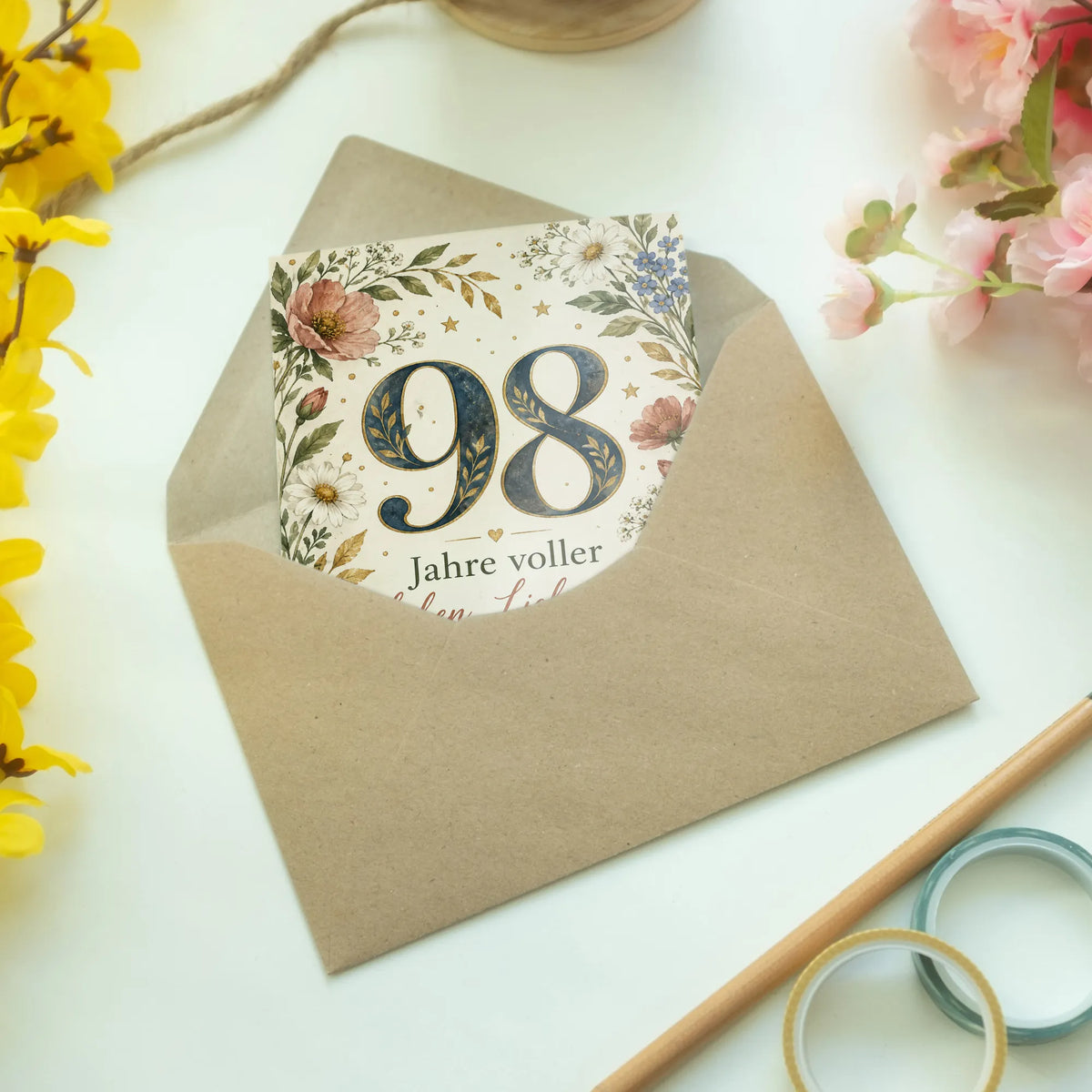 Elegante Karte zum 98. Geburtstag mit Wiesenblumen