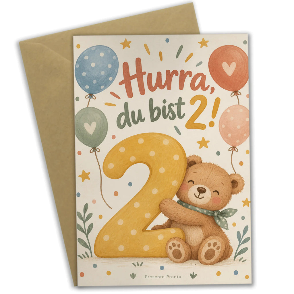 Fröhliche Geburtstagskarte zum 2. Geburtstag mit Teddybär|p:2021236|h:e6c6435720dc8256b2b640d56f19b26c