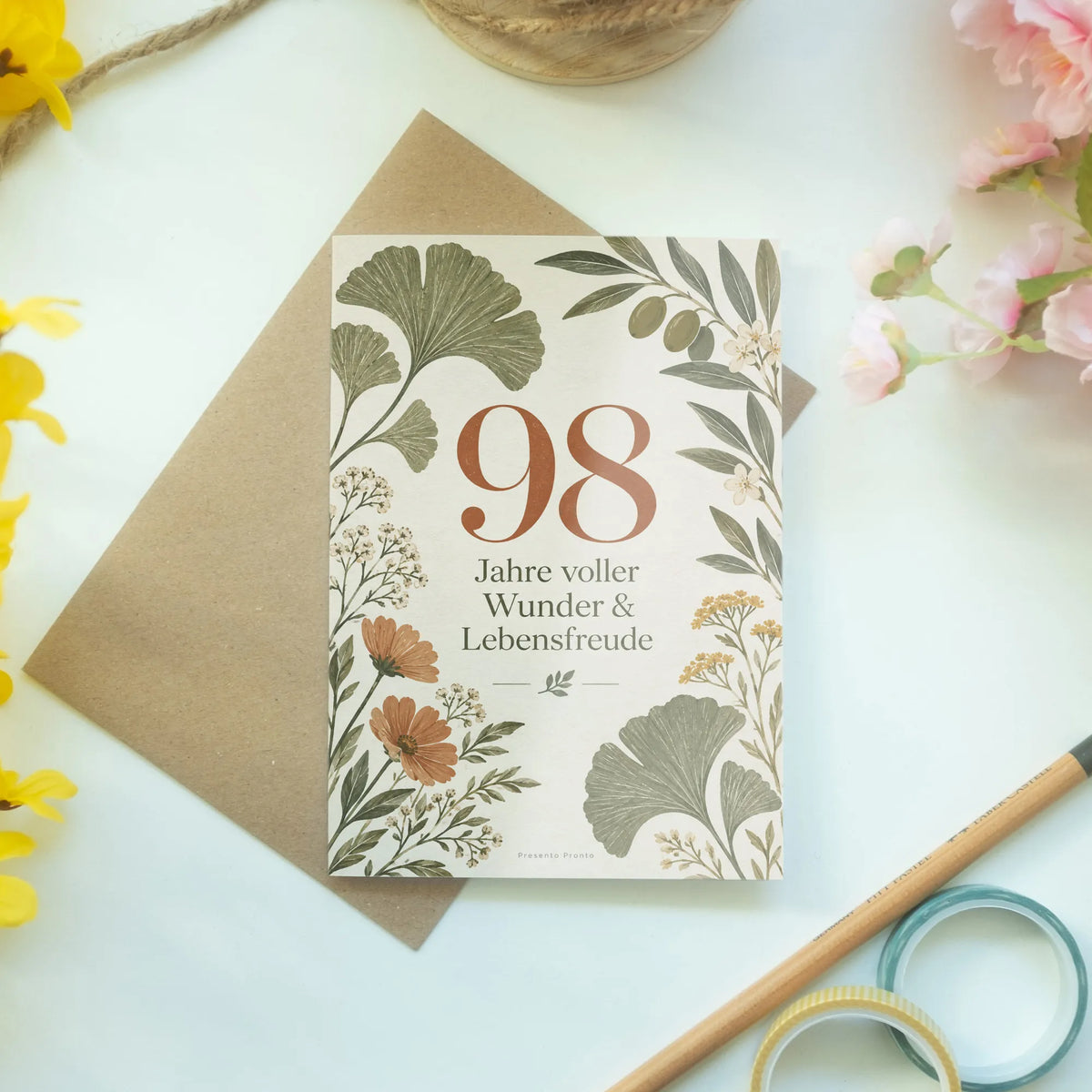 Würdevolle Geburtstagskarte zum 98. Geburtstag mit Ginkgo