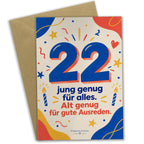 Lustige Geburtstagskarte zum 22. Geburtstag mit blauer Zahl 22|p:2021239|h:f7d966462a15551d03a6ea11c1a69bd6