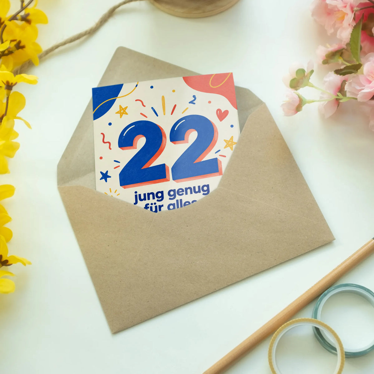 Lustige Geburtstagskarte zum 22. Geburtstag mit blauer Zahl 22