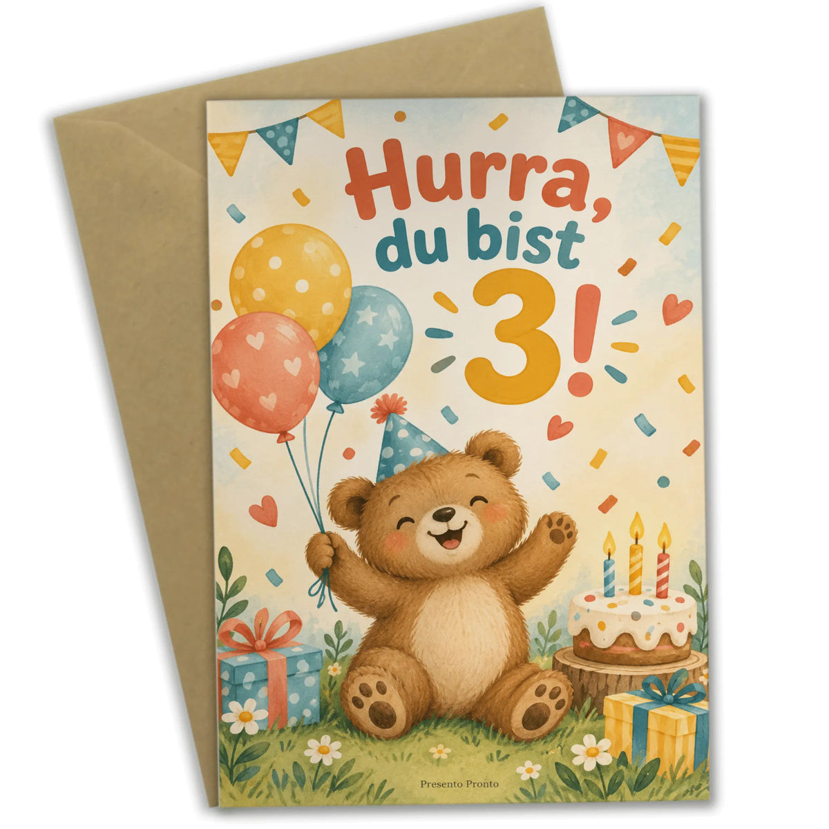 Fröhliche Geburtstagskarte zum 3. Geburtstag mit Bär