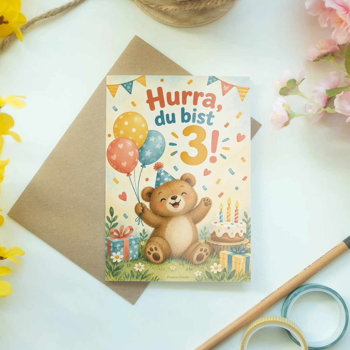 Fröhliche Geburtstagskarte zum 3. Geburtstag mit Bär