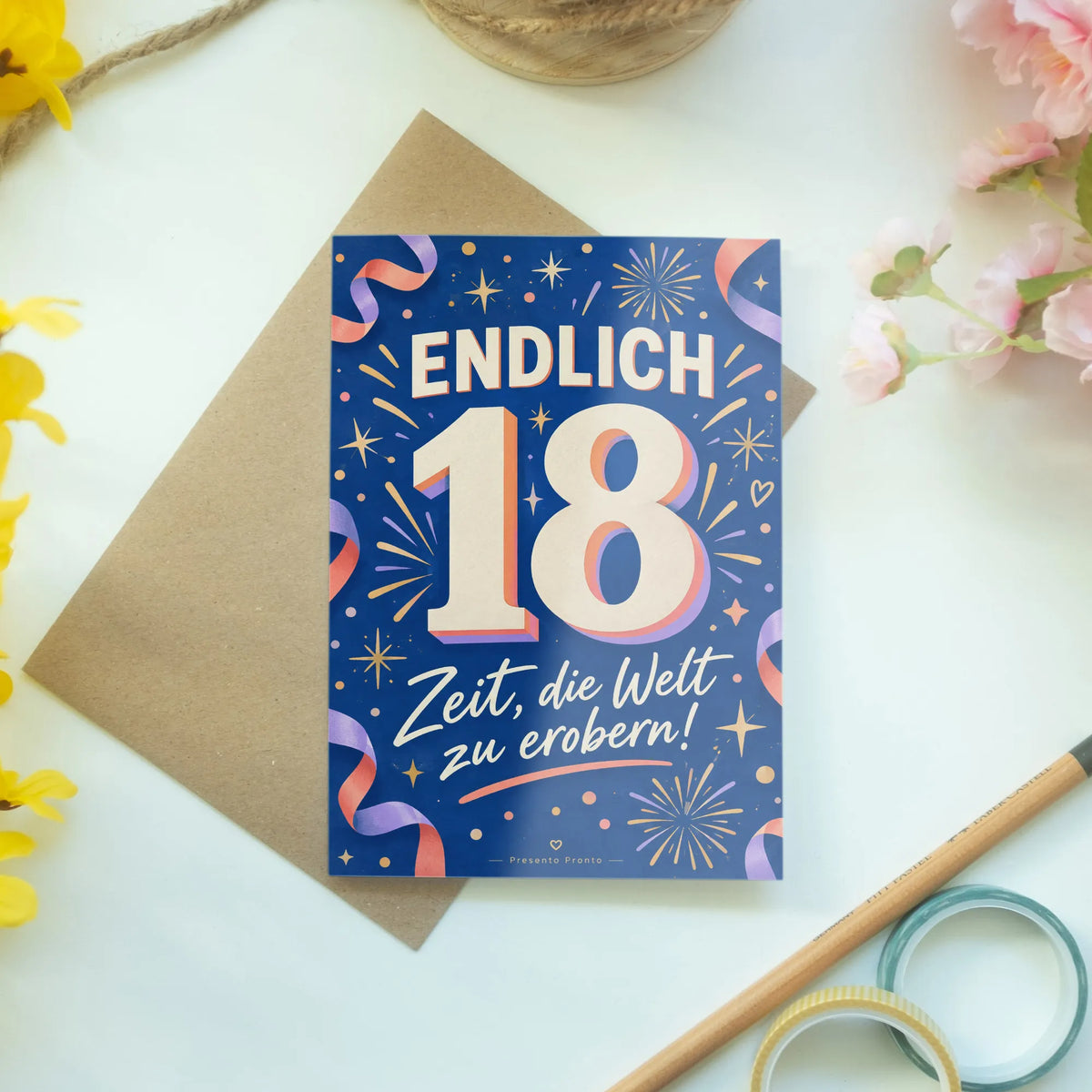 Coole Geburtstagskarte zum 18. Geburtstag mit Konfetti und Feuerwerk