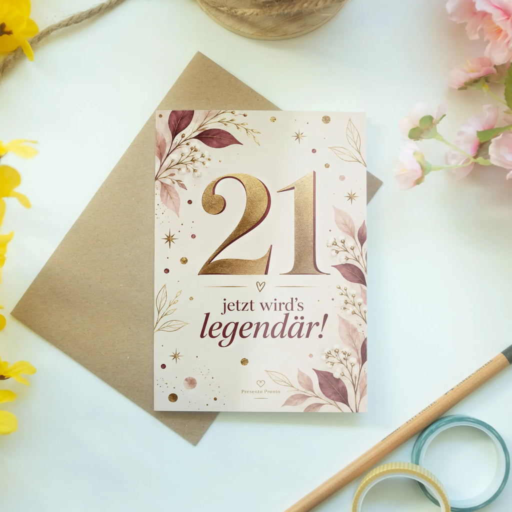 Elegante Geburtstagskarte zum 21. Geburtstag mit goldener 21|p:2021252|h:6f0688e51afb6dbba8b959f4657dd35a