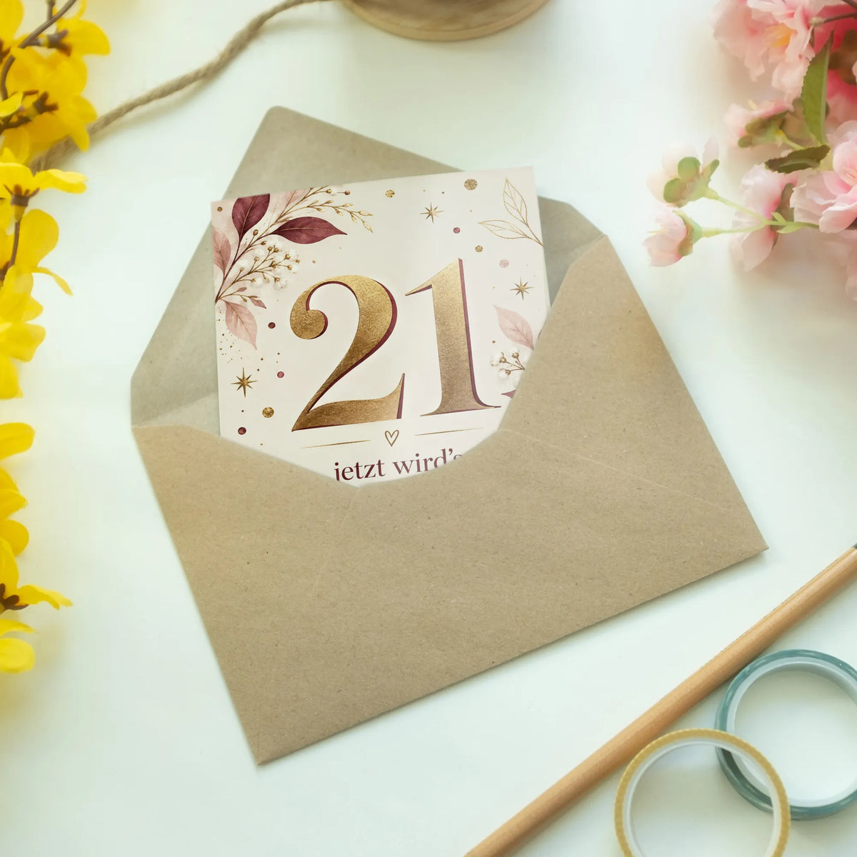 Elegante Geburtstagskarte zum 21. Geburtstag mit goldener 21