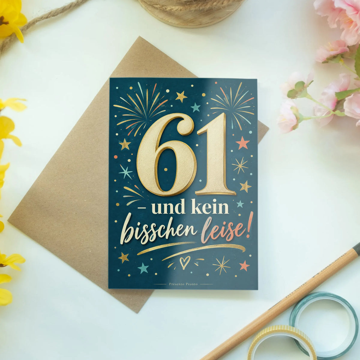 Lustige Geburtstagskarte zum 61. Geburtstag mit goldener Zahl 61