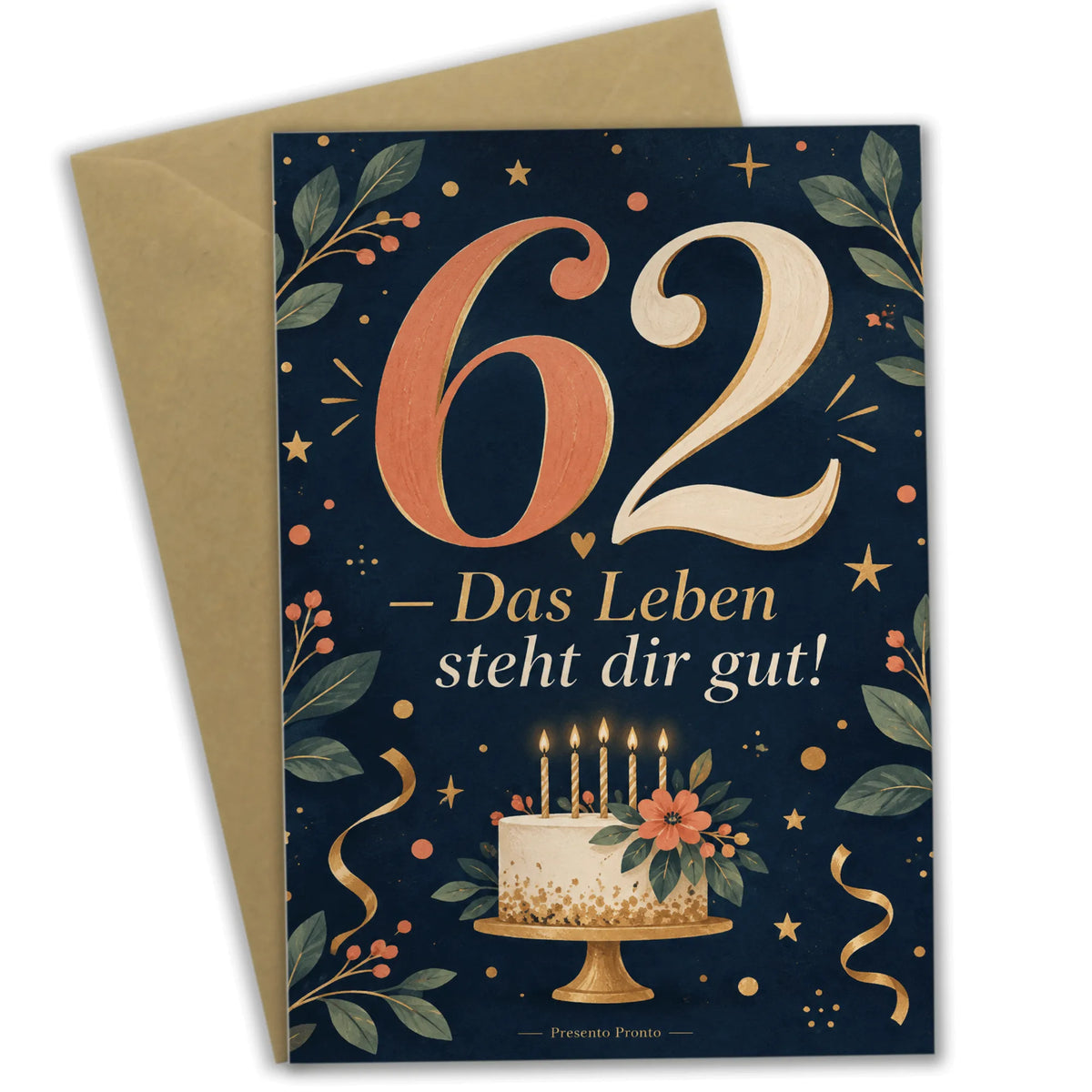 Elegante Geburtstagskarte zum 62. Geburtstag mit Zahl 62