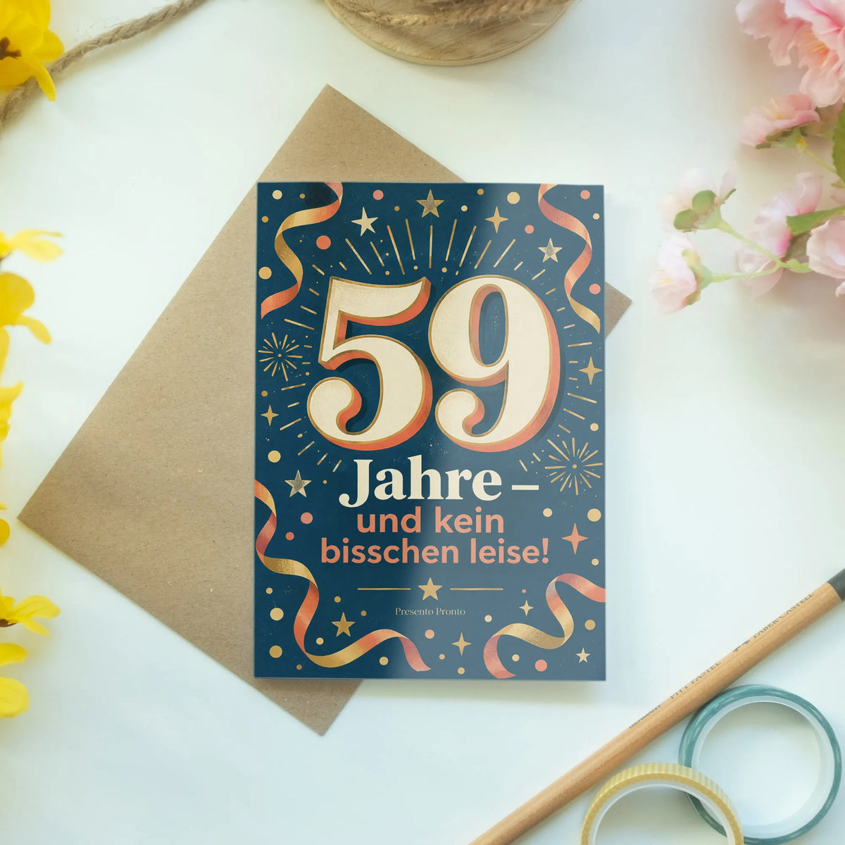 Lustige Geburtstagskarte zum 59. Geburtstag mit goldener Zahl 59