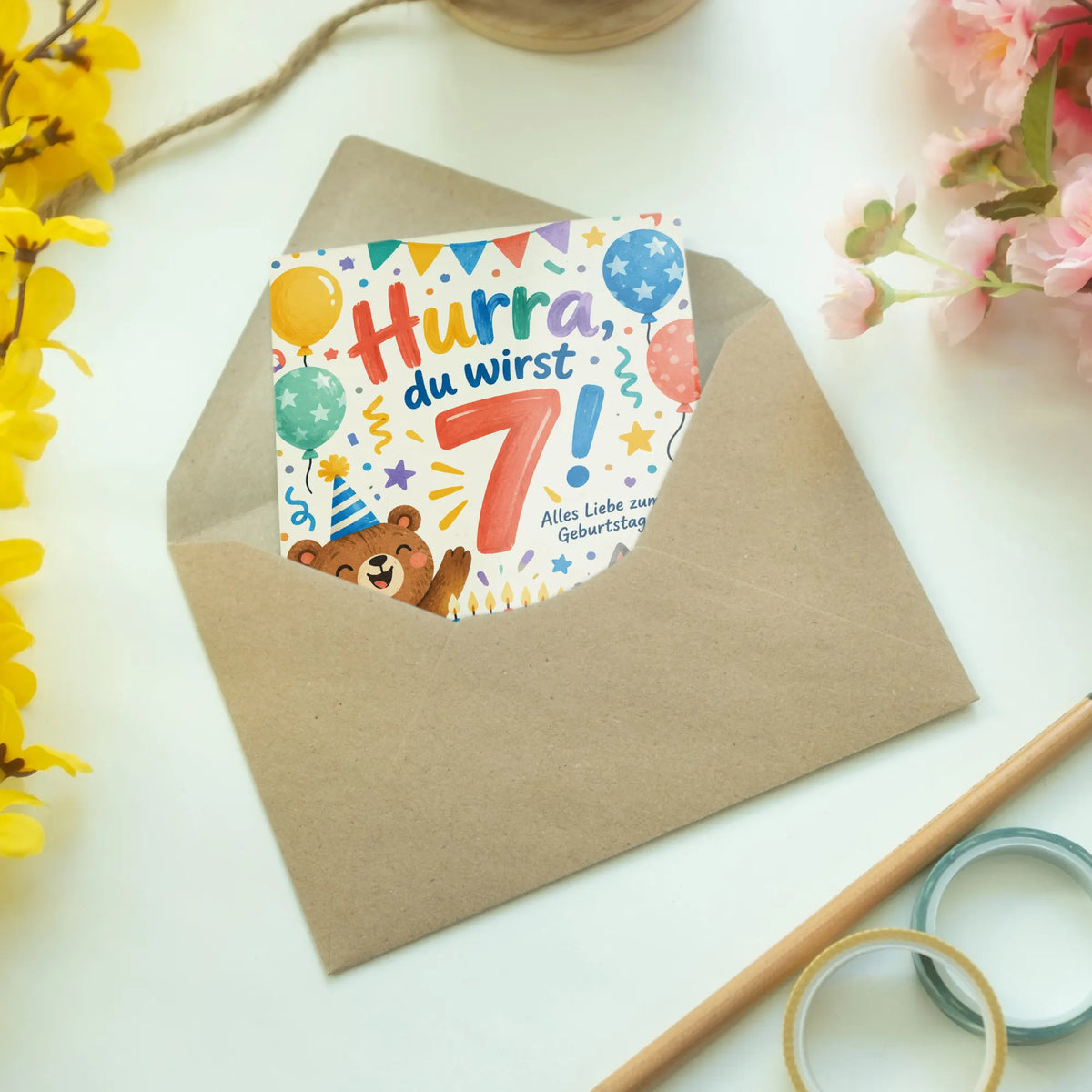 Fröhliche Geburtstagskarte zum 7. Geburtstag mit Luftballons