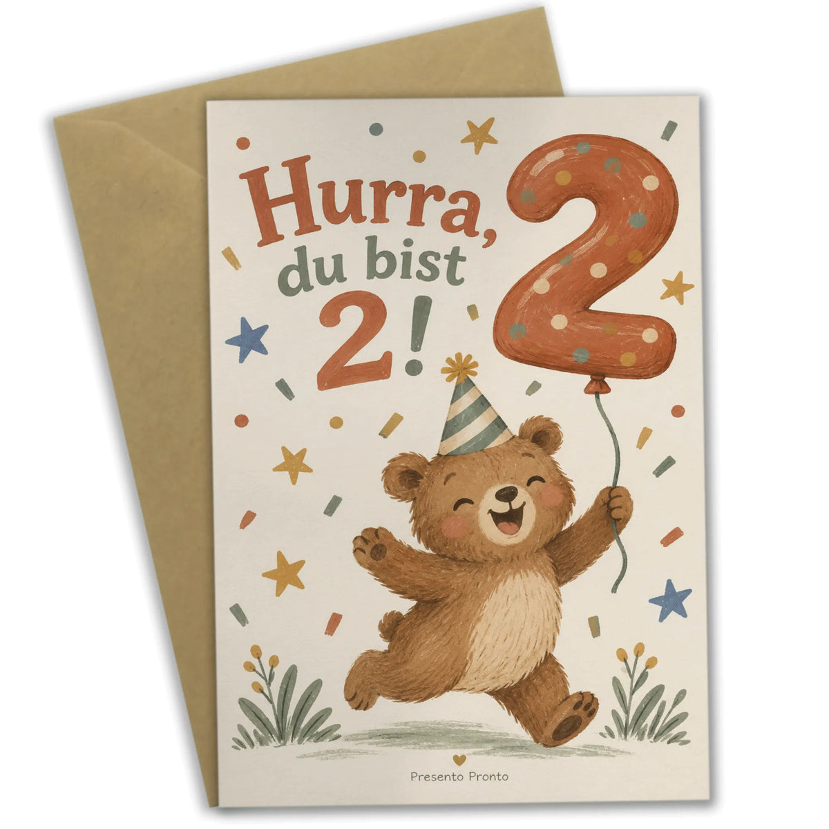 Fröhliche Geburtstagskarte zum 2. Geburtstag mit Bär