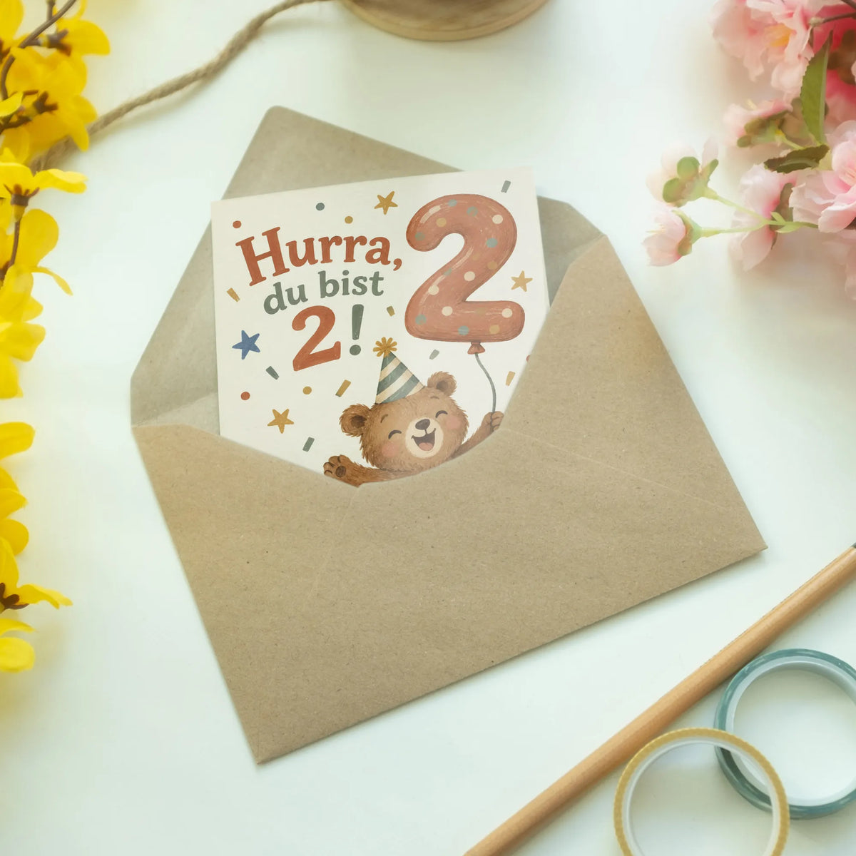 Fröhliche Geburtstagskarte zum 2. Geburtstag mit Bär