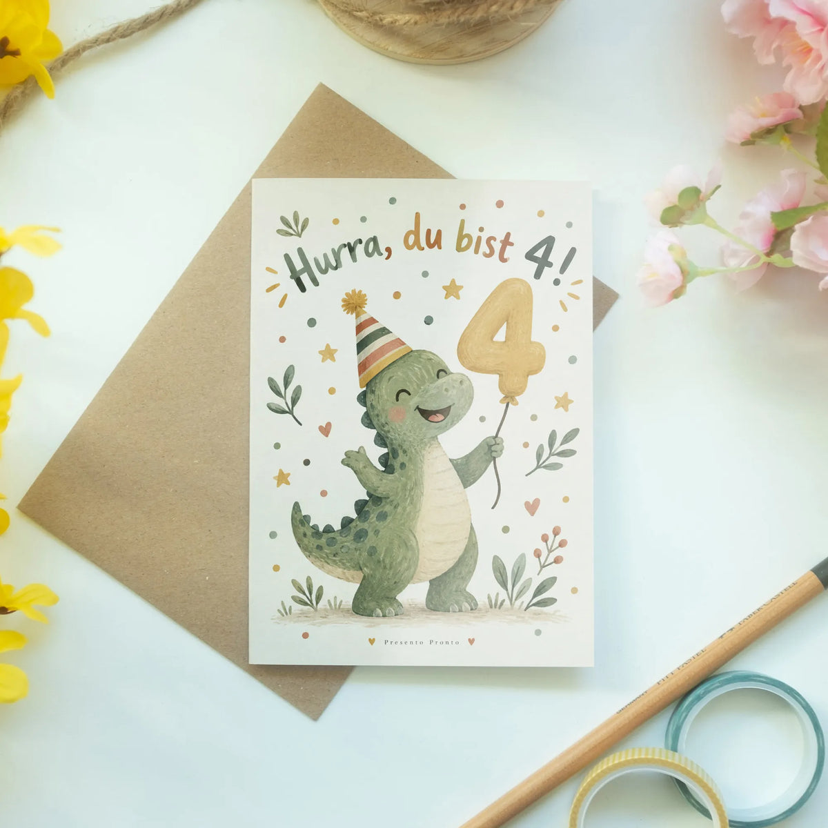 Lustige Geburtstagskarte zum 4. Geburtstag mit Dinosaurier