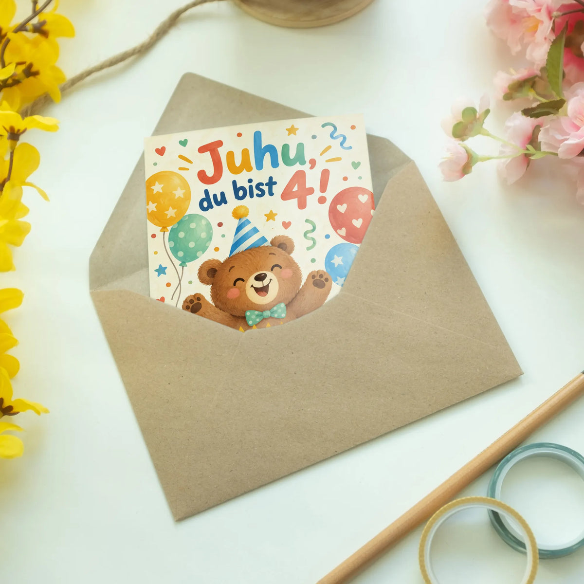 Fröhliche Geburtstagskarte zum 4. Geburtstag mit Bär