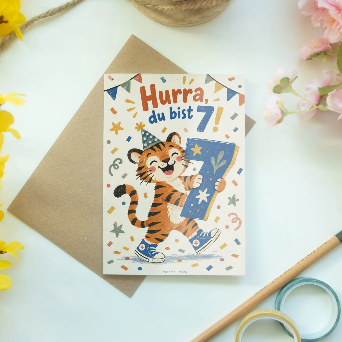 Fröhliche Geburtstagskarte zum 7. Geburtstag mit Tiger